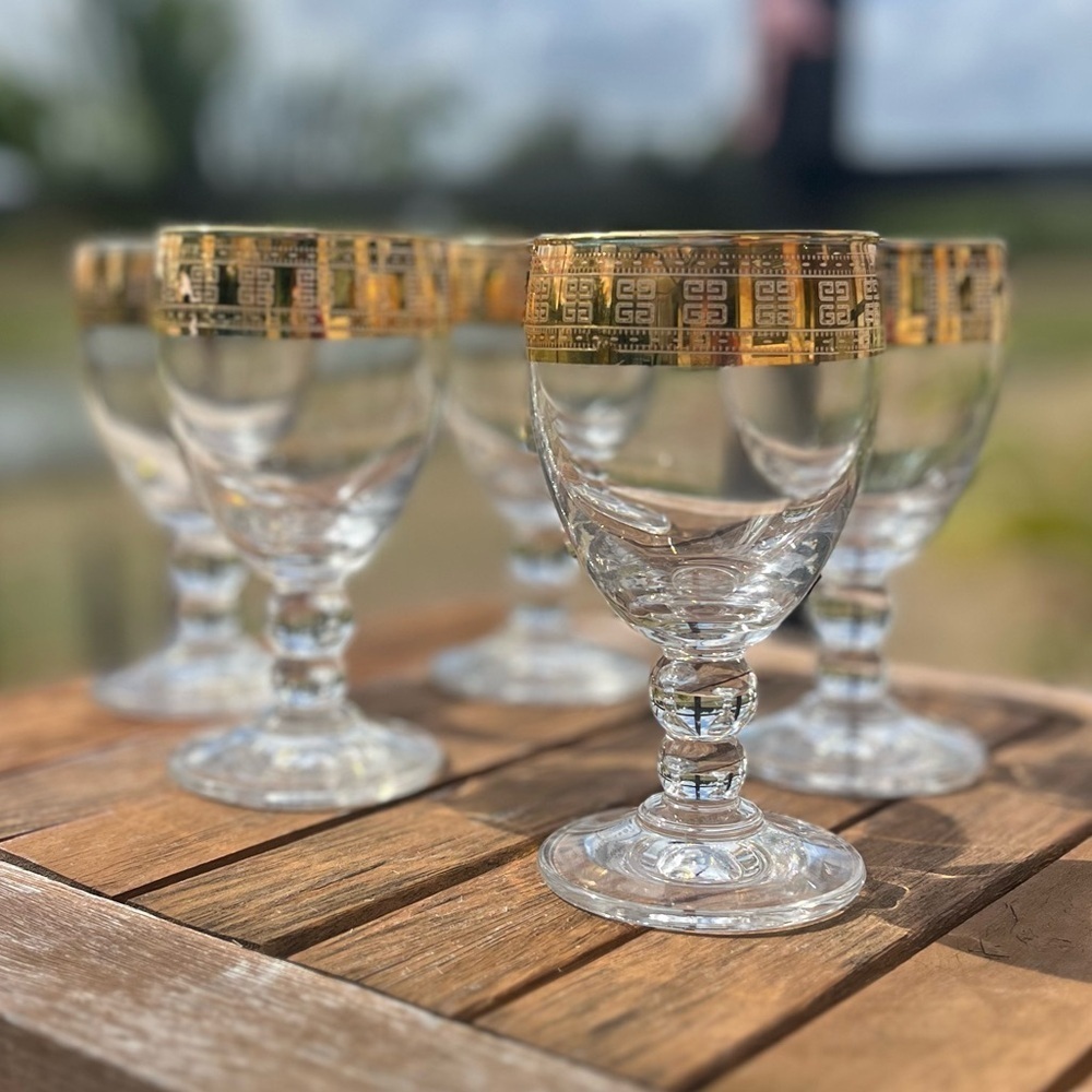 Vintage J Preziosi "Lavorato a Mano" Wine Glasses Gold Band Rim Set of 5 Italy